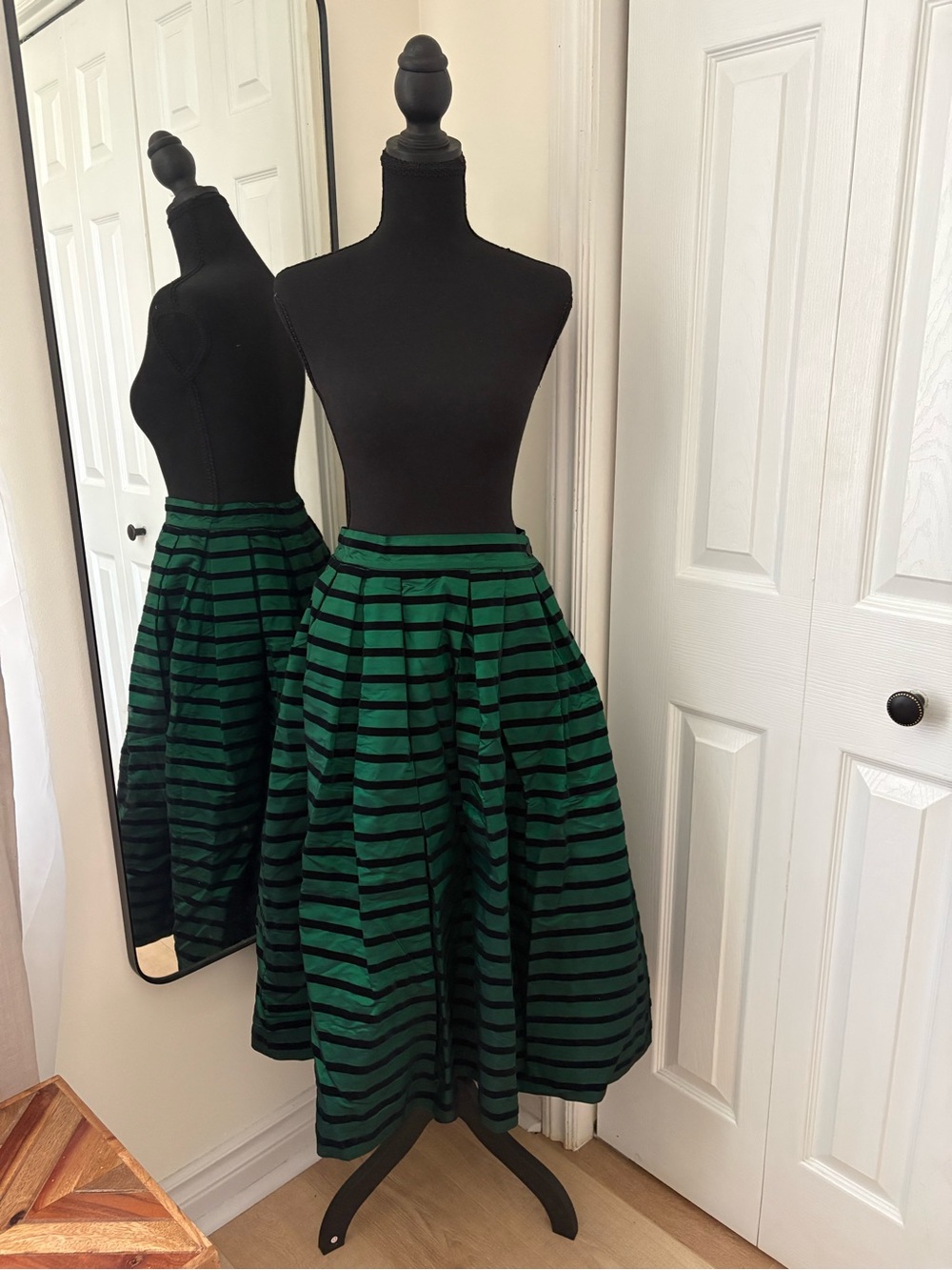 Vintage Green and Black Striped Full Midi Skirt